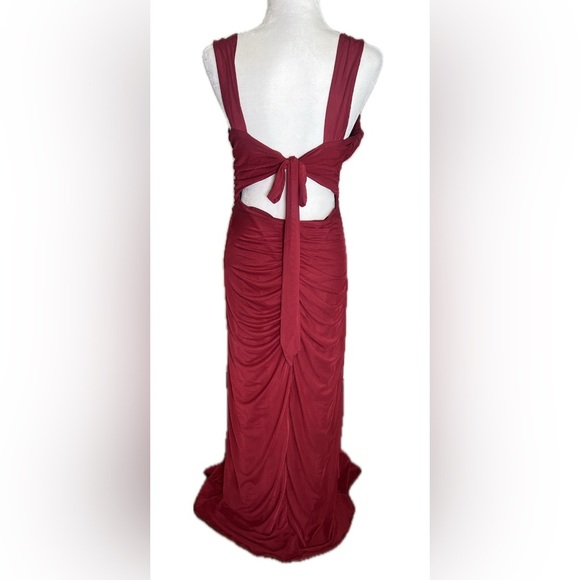 Firfig Wine Red Square Neck Ruched Maxi Dress Slit Floor Length Black Tie Large - Picture 5 of 11